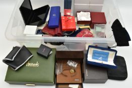 A BOX OF ASSORTED BOXES, some signed boxes, names to include Harrods, Lassale, Rotary, Waterman