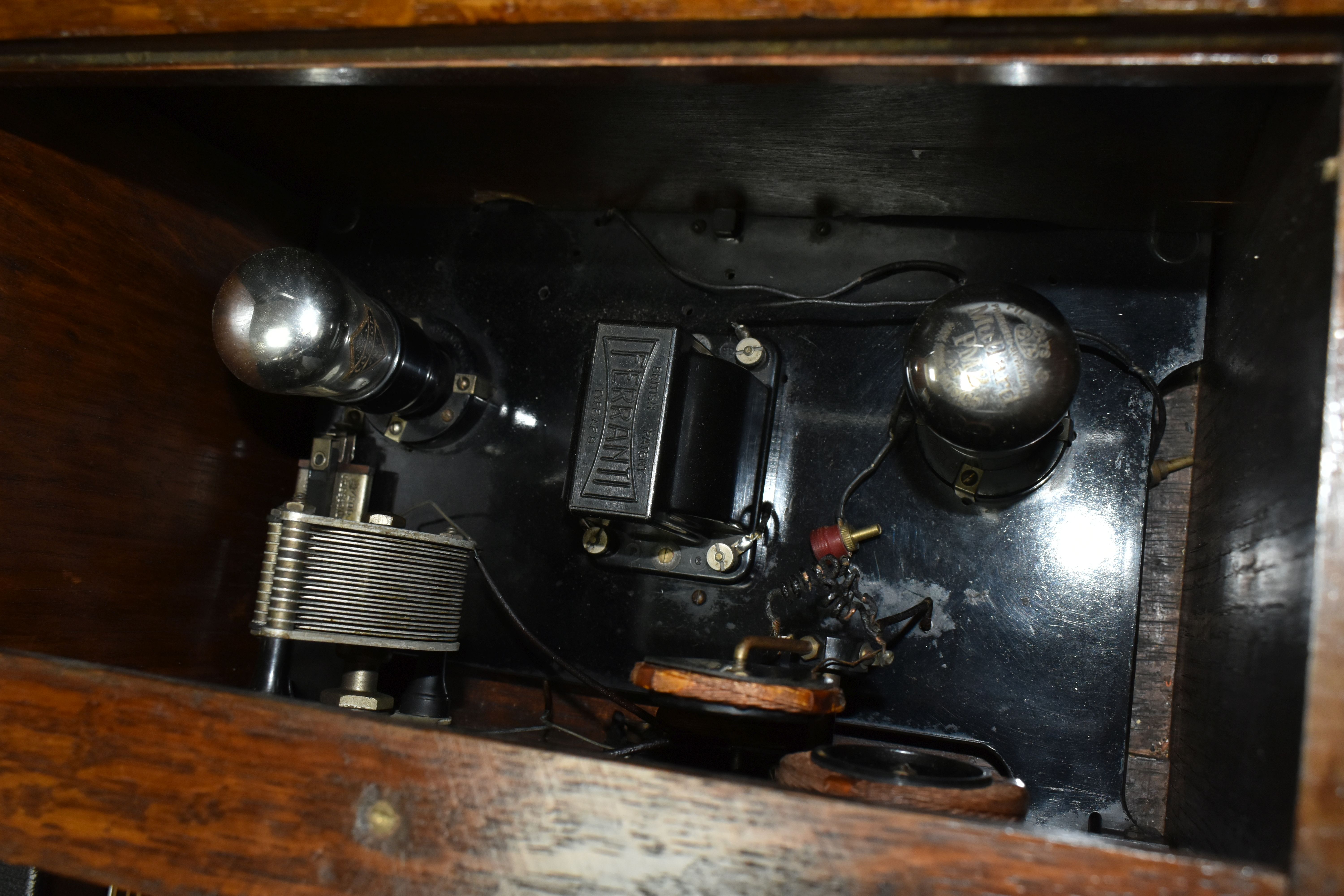 AN OSRAM 'FOUR' NEW MUSIC MAGNET RADIO, a Marconi radio, one other unmarked radio set and a wooden - Image 7 of 16
