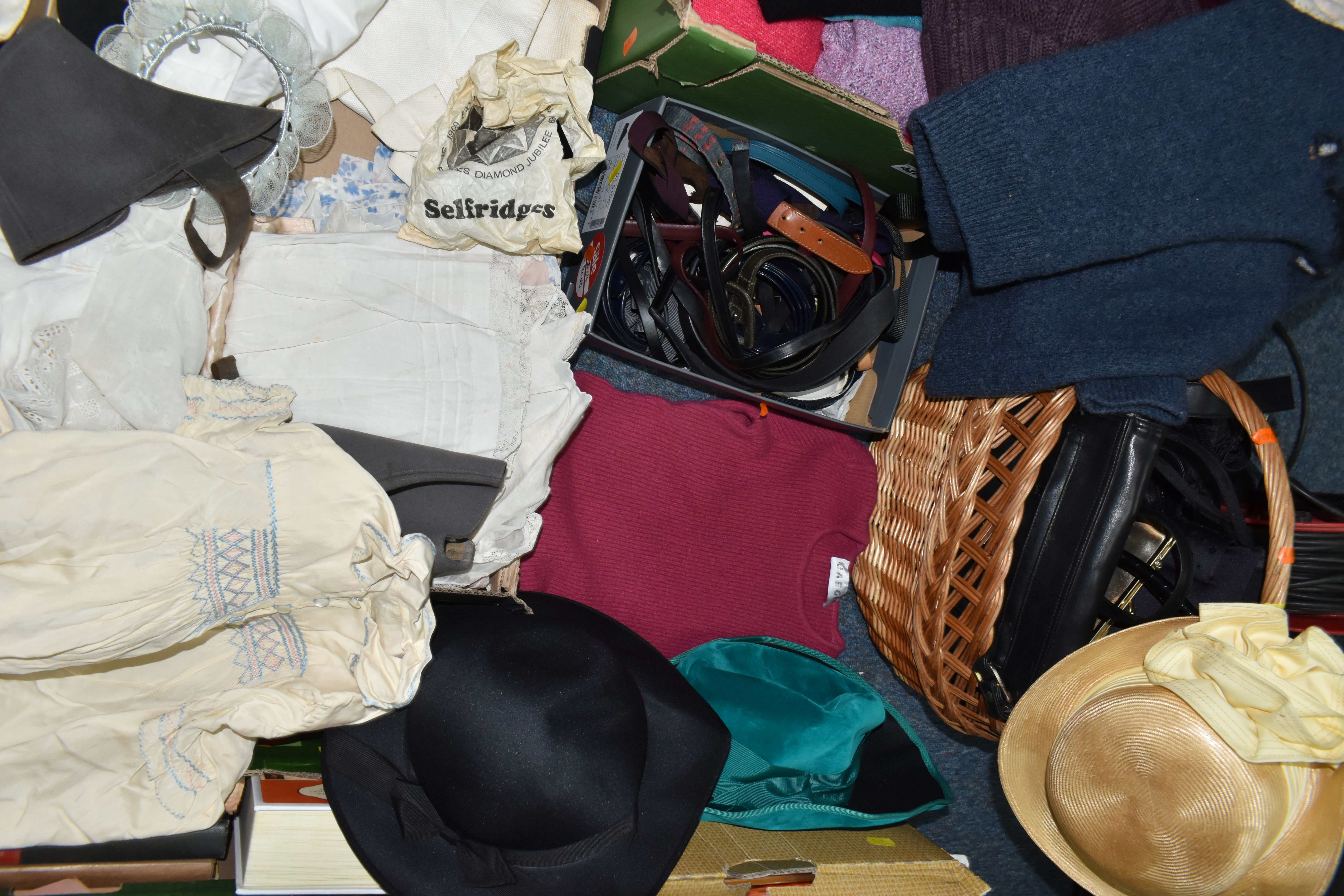 SIX BOXES AND A BASKET OF VINTAGE AND MODERN CLOTHES AND ACCESSORIES, to include vintage baby - Image 2 of 7