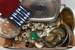 A BOX OF ASSORTED WHITE METAL WARE, to include a serving tray, a salver, a pewter posey vase, signed