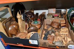 THREE BOXES OF TREEN ITEMS, to include carved animals, Indian puzzle boxes in the form of a sleeping