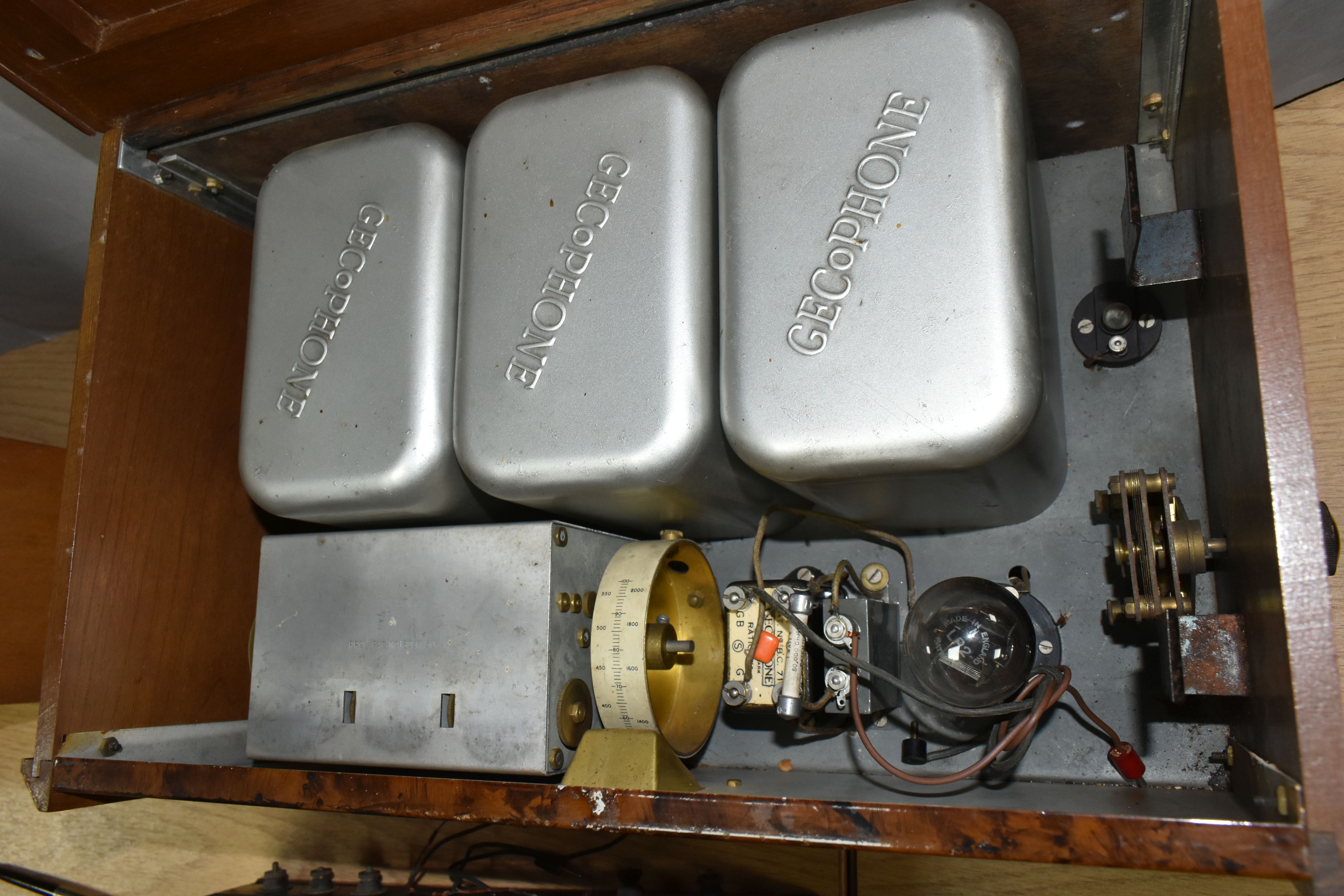 AN OSRAM 'FOUR' NEW MUSIC MAGNET RADIO, a Marconi radio, one other unmarked radio set and a wooden - Image 14 of 16