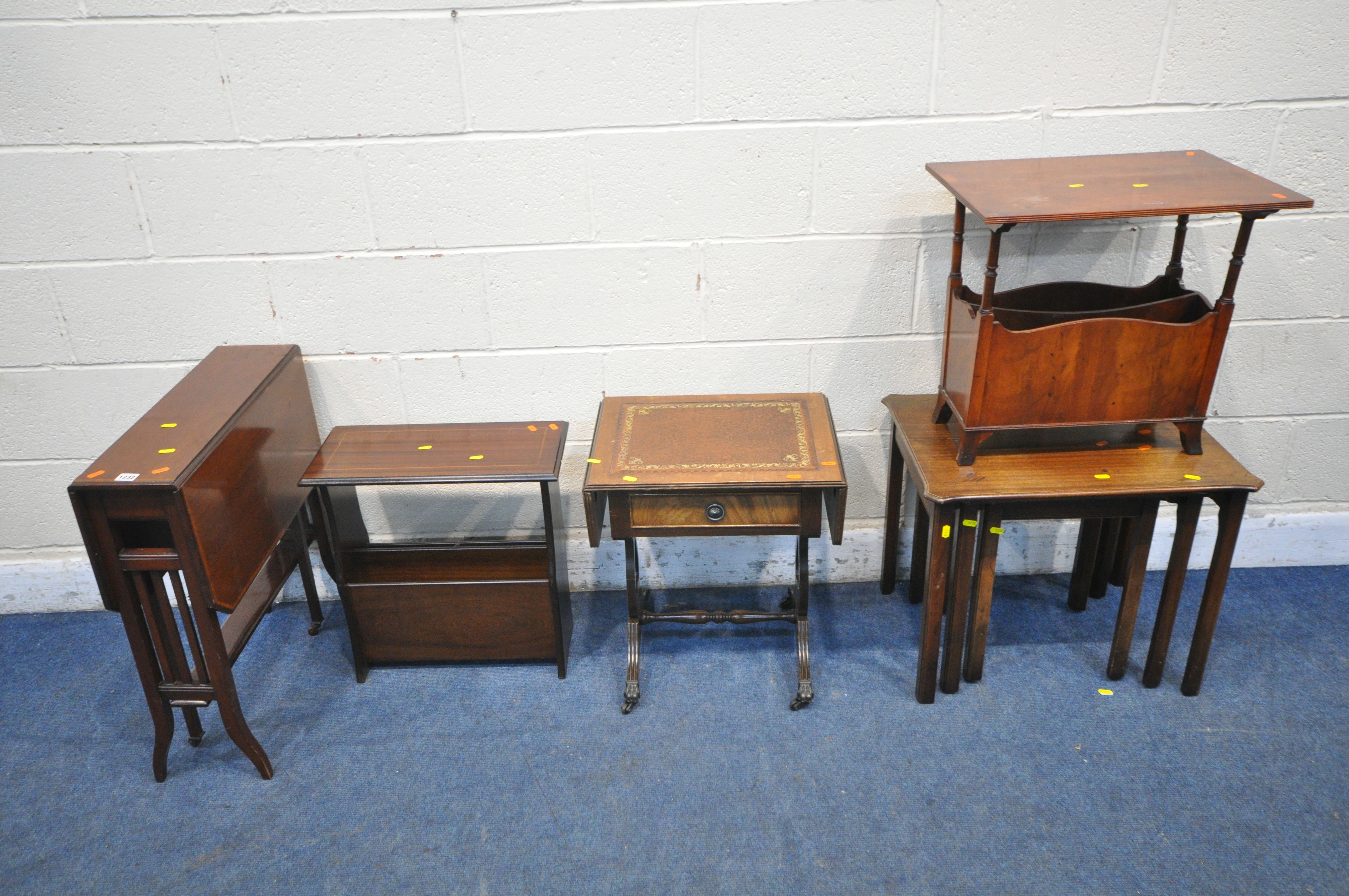 A SELECTION OF OCCASIONAL FURNITURE, to include a mahogany Sutherland table, two magazine tables,