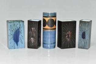 FIVE SMALL TROIKA VASES, comprising four early rectangular slab vases decorated with a wax resist