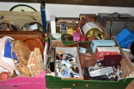 FOUR BOXES AND LOOSE ASSORTED SUNDRY ITEMS, to include modern confectionery tins, bottle openers,