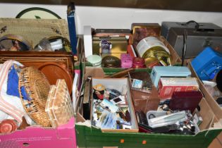 FOUR BOXES AND LOOSE ASSORTED SUNDRY ITEMS, to include modern confectionery tins, bottle openers,