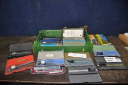 A TRAY CONTAINING TEST EQUIPMENT including digital and dial vernier calipers by Digimatic, Rabone