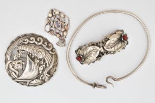 A 'GEORG JENSEN' BANGLE AND THREE OTHER PIECES OF JEWELLERY, misshapen bangle with a fish hook