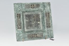 A TROIKA POTTERY SQUARE DISH, blue glazed with impressed and relief moulded decoration, base