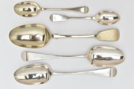TWO GEORGE III SILVER TABLESPOONS, A SILVER TEASPOON AND TWO OTHERS, Hanoverian tablespoons,