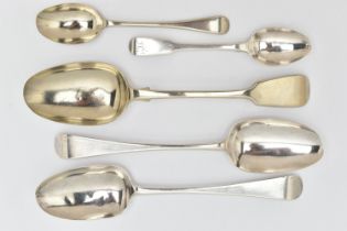 TWO GEORGE III SILVER TABLESPOONS, A SILVER TEASPOON AND TWO OTHERS, Hanoverian tablespoons,