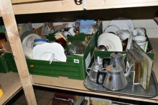 FOUR BOXES AND LOOSE ASSORTED TEA AND KITCHEN WARES ETC, to include Crown Staffordshire teacups,