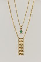 TWO 9CT GOLD PENDANT NECKLACES, the first with a textured style pendant fixed to a Rolo link chain