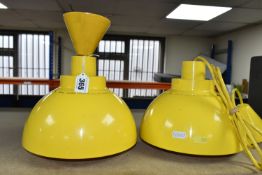 A PAIR OF RETRO YELLOW PLASTIC LIGHTSHADES, model number 74806, takes max 75w bulb, height 18cm (