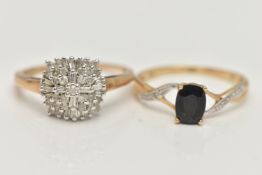 TWO 9CT GOLD GEM SET RINGS, the first a diamond tiered cluster ring, set with round brilliant cut