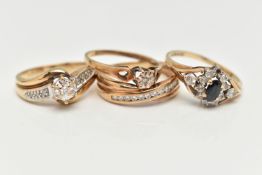 A COLLECTION OF FOUR 9CT YELLOW GOLD GEM SET AND DIAMOND RINGS, to include a diamond crossover