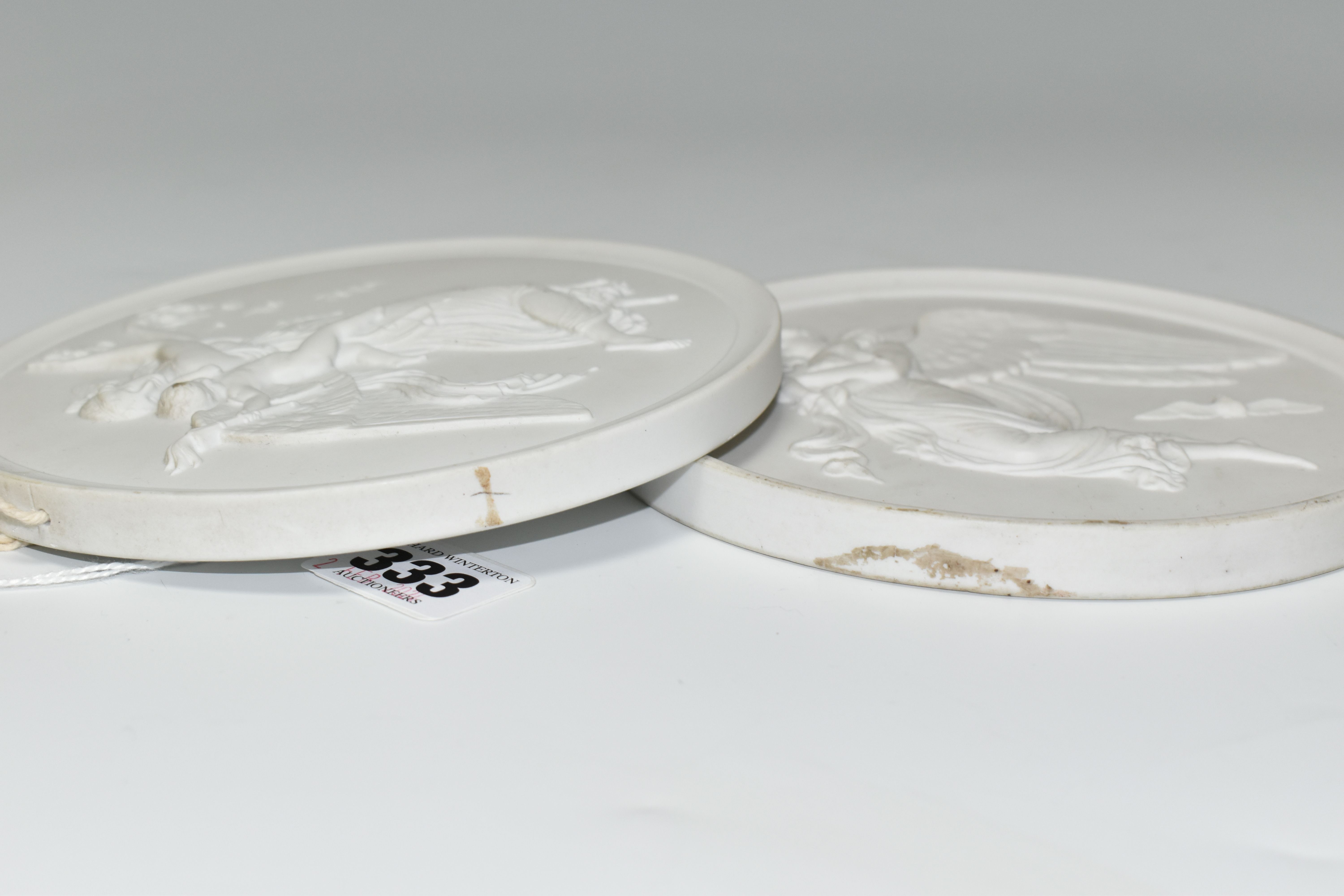TWO ROYAL COPENHAGEN CIRCULAR BISQUE PLAQUES, depicting angels and cherubs, one bearing painted - Image 9 of 9