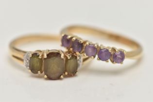 TWO 9CT GOLD GEM SET RINGS, the first a five stone amethyst ring, the second an andalusite and