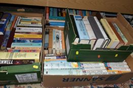 FIVE BOXES OF BOOKS containing over 130 miscellaneous titles in hardback and paperback formats