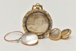 FOUR PIECES OF JEWELLERY, to include a gold plated double photo circular pendant, with two