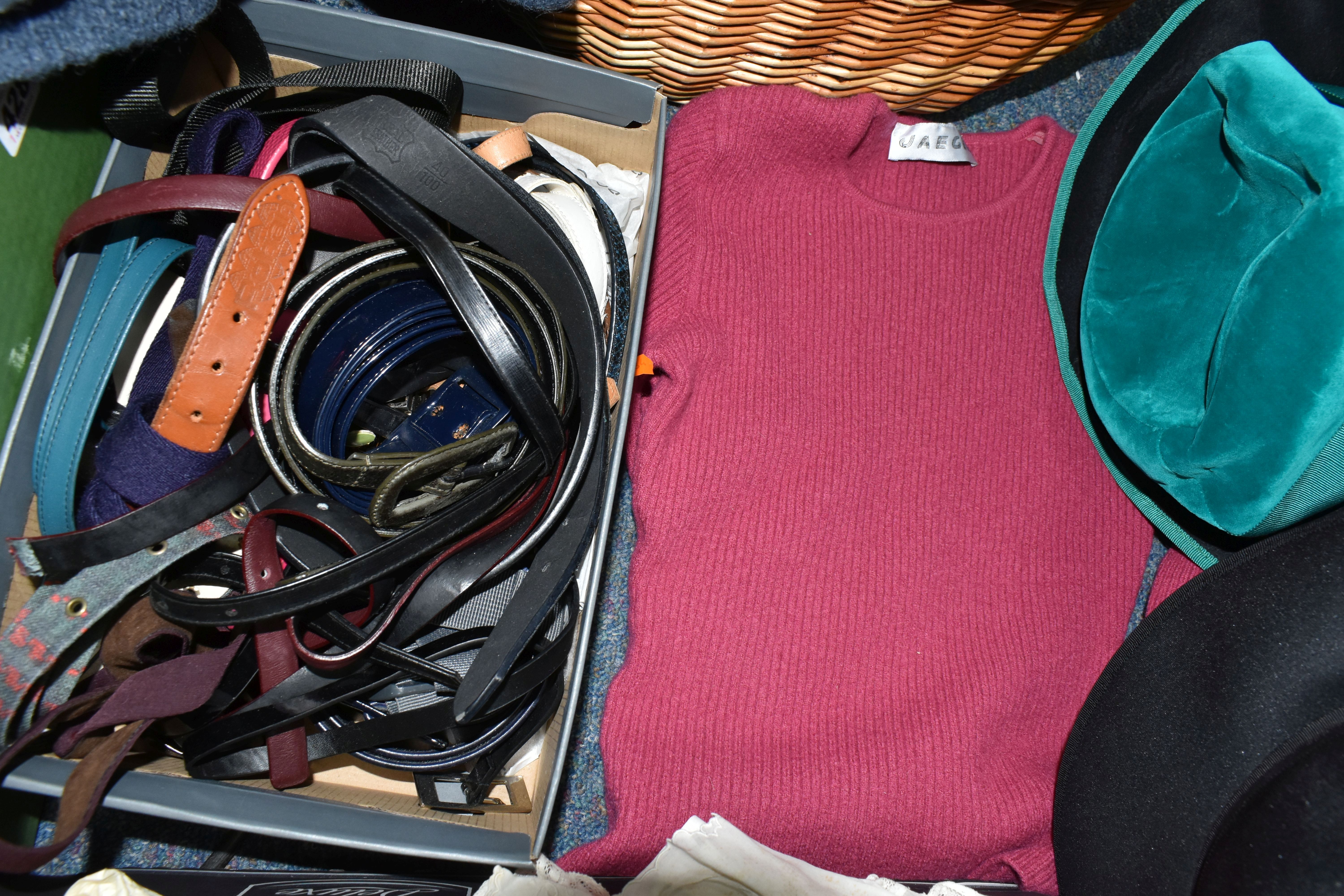 SIX BOXES AND A BASKET OF VINTAGE AND MODERN CLOTHES AND ACCESSORIES, to include vintage baby - Image 6 of 7