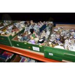 FOUR BOXES OF CERAMICS, including figural ornaments, Sherratt & Simpson Bulldog group, trinket and