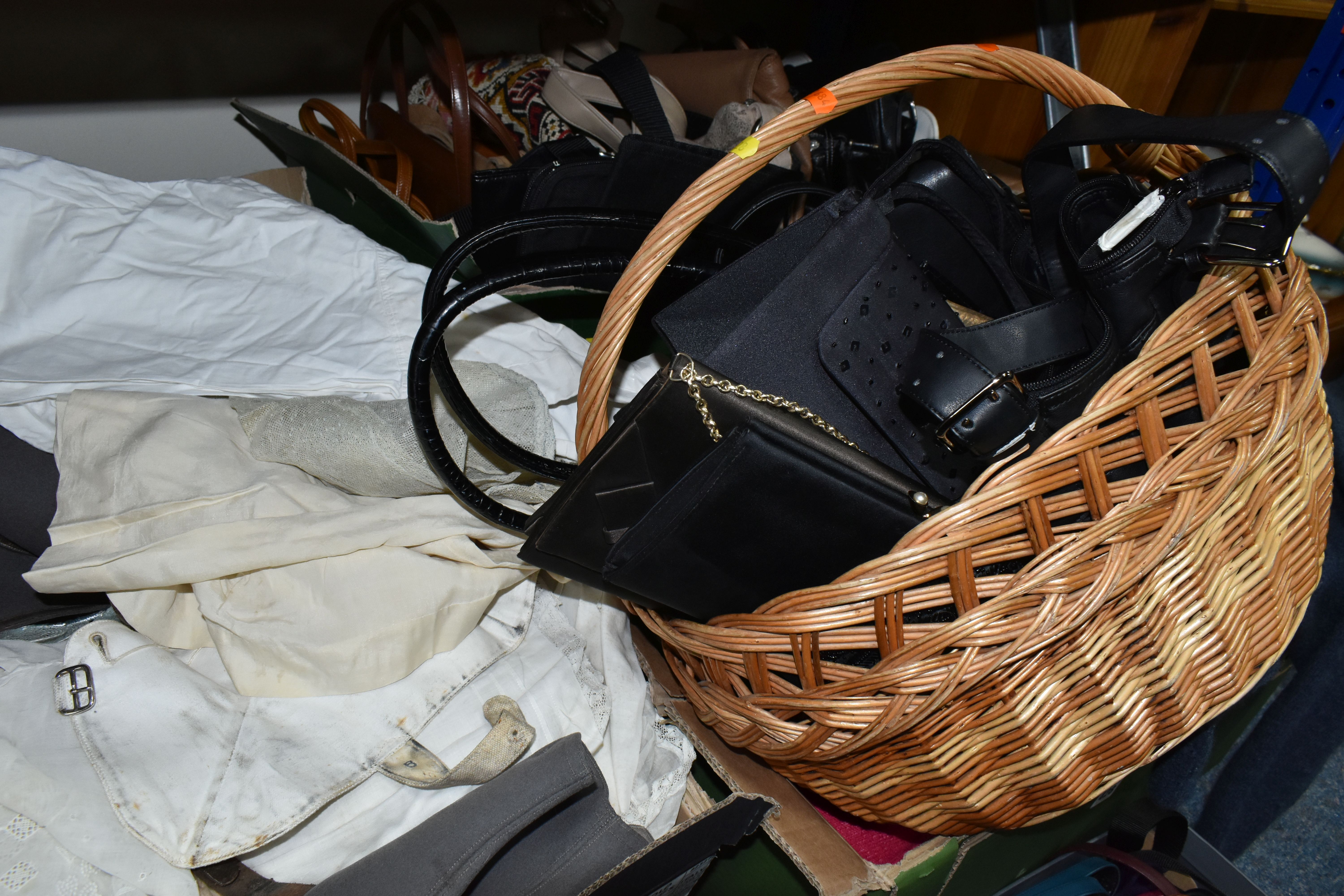 SIX BOXES AND A BASKET OF VINTAGE AND MODERN CLOTHES AND ACCESSORIES, to include vintage baby - Image 7 of 7