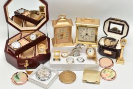 CARRIAGE CLOCKS, MANTLE CLOCKS AND OTHER ITEMS, to include two quartz carriage clocks, four small
