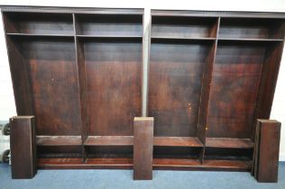 A PAIR OF VERY LARGE MAHOGANY OPEN BOOKCASES, each fitted with four fixed shelves, along with