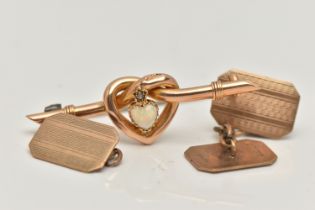 A PAIR OF 9CT GOLD CUFFLINKS, AND A YELLOW METAL BROOCH, AF engine turned pattern chain link