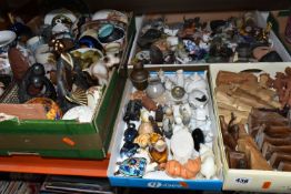 THREE TRAYS AND A BOX OF ASSORTED ORNAMENTS ETC, to include a small Emile Galle pottery bowl