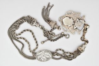 A WHITE METAL ALBERTINA AND A SILVER FOB MEDAL, multi chain Albertina with sliding oval centre