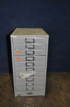 A VINTAGE METAL CHEST OF 10 FILE DRAWERS containing Imperial and metric nuts and bolts cabinet