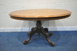 A 19TH CENTURY WALNUT AND INLAID OVAL TILT TOP LOO TABLE, on a bulbous turned support and four