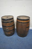 TWO CYLINDRICAL OAK COOPERED BARRELS, approximate diameter 64cm x approximated height 89cm (