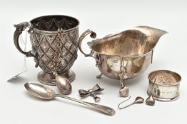 A PARCEL OF SILVER AND SILVER JEWELLERY, comprising a Victorian christening mug with repousse and