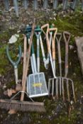 A SELECTION OF GARDEN HAND TOOLS, to include a Wilkinson sword and a Kent and stone shovel, three