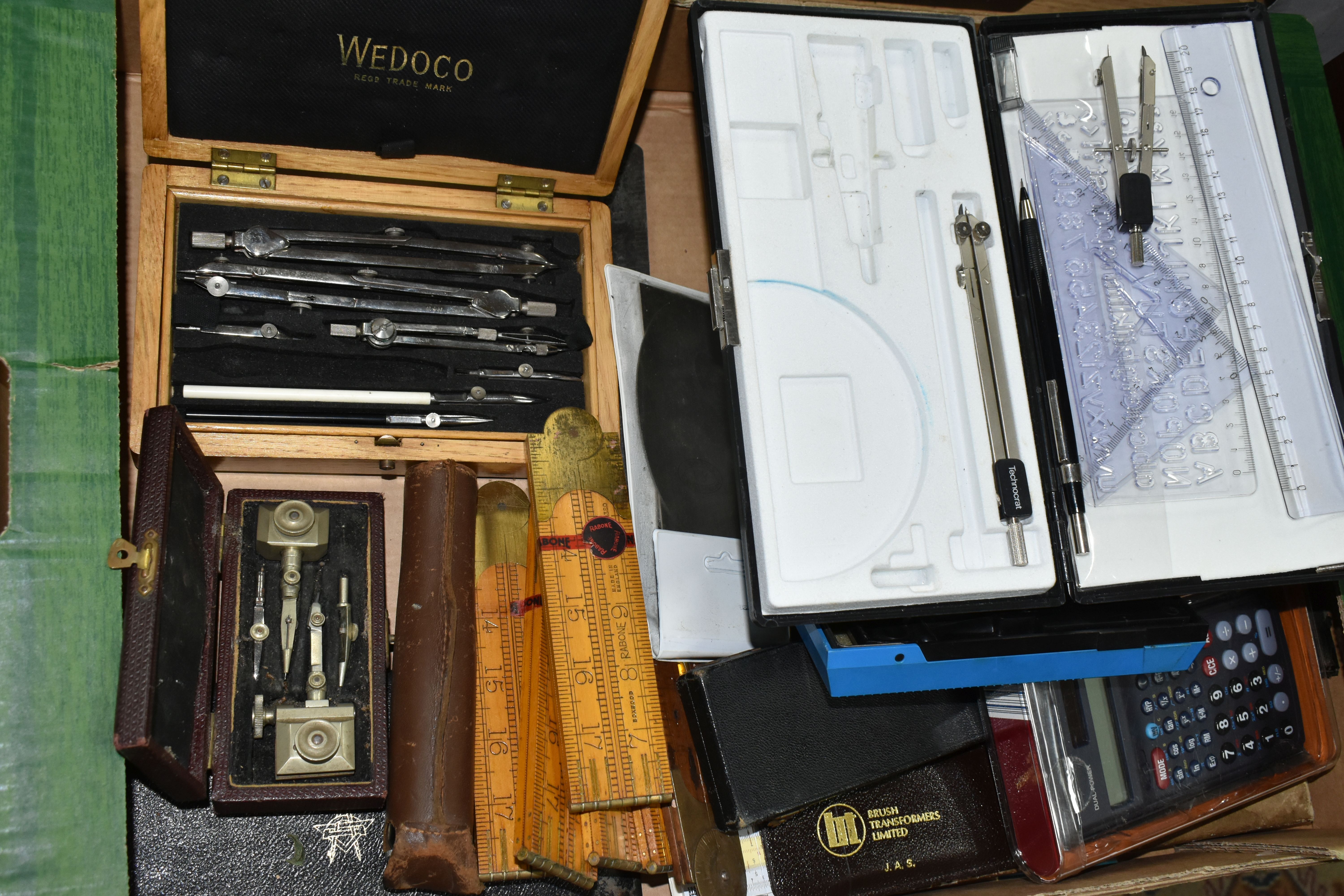 A BOX OF CASED AND LOOSE TECHNICAL DRAWING EQUIPMENT, ETC, including six wooden Rabone rulers, one - Image 3 of 3