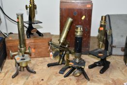 FIVE MICROSCOPES, of brass and painted metal construction, one by F. Jackson & Co Manchester, the