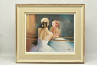 DOMINGO ALVAREZ GOMEZ (SPAIN 1942) 'REFLECTION OF A BALLERINA', a ballerina leans against a barre,