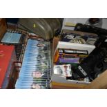 THREE BOXES AND LOOSE CDS, DVDS, MAC BOOK, KINDLE, TURNTABLES AND OTHER ELECTRONICS, to include