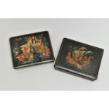 TWO SECOND HALF 2OTH CENTURY RUSSIAN LACQUER BOXES OF RECTANGULAR FORM, hand painted figural