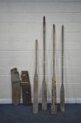 A SELECTION OF BOATING ACCESSORIES, to include two rudders, along with four oars, largest length