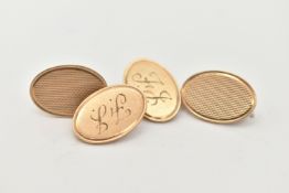 A PAIR OF 9CT GOLD CUFFLINKS, oval form cufflinks with chain link fittings, monogram engraving and