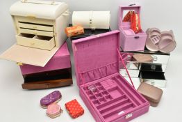 ASSORTED JEWELLERY BOXES, to include two multi storage wooden jewellery boxes, a six drawer mirror