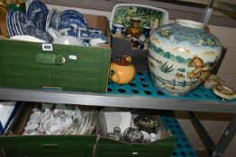 FOUR BOXES OF BLUE AND WHITE TEAWARE AND CERAMICS, to include Myott 'The Brook' design dinnerware,
