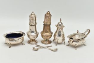 ASSORTED SILVER CONDIMENT PIECES, to include a salt and matching mustard, both with wavy rims,