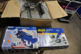 A BRAND NEW IN BOX POWER CRAFT OMNI SAW AND ROTARY TOOL along with a used Power Craft tile cutter (