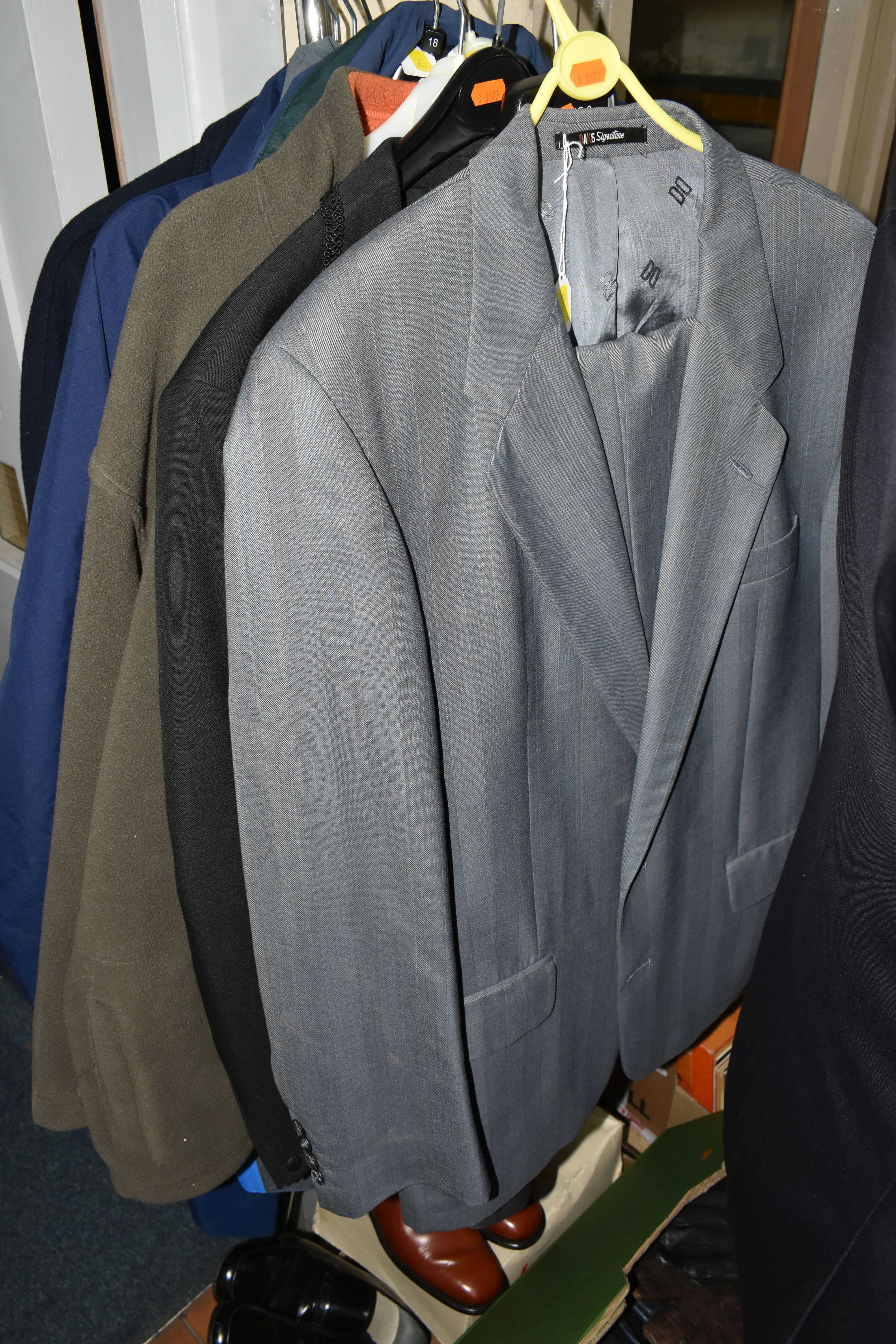TWO BOXES AND A QUANTITY OF GENTLEMEN'S SUITS, JACKETS AND SHOES, to include a Daks 100% wool grey - Image 2 of 7