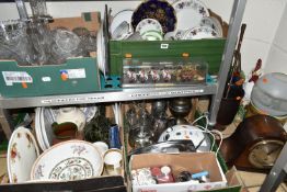 FOUR BOXES AND LOOSE CERAMICS, GLASS AND SUNDRY ITEMS ETC, to include Royal Doulton 'Camelot' dinner